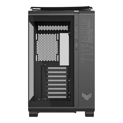 Computer case with glass side panel on a white background