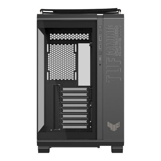 Computer case with glass side panel on a white background