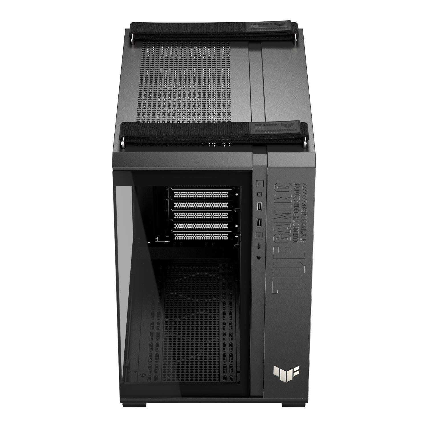 Black computer case with glass side panel on a white background