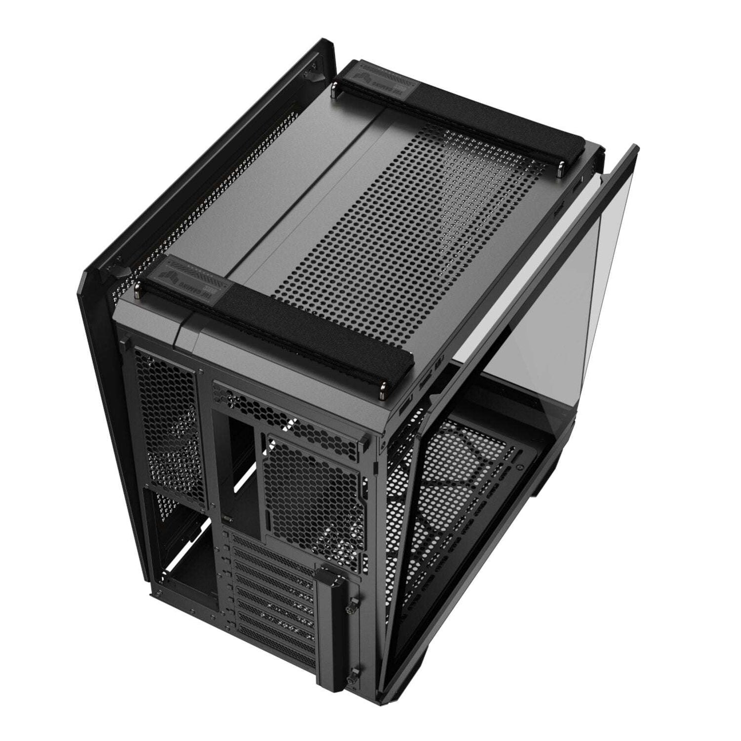 Black computer case with mesh side panels on a white background