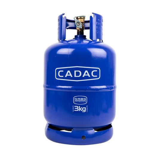 A blue Cadac gas cylinder with a 3kg label, featuring an external valve and a dust cover plug.
