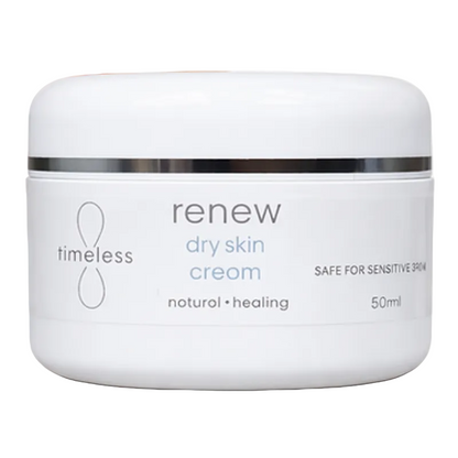 Jar of 'Timeless Renew Dry Skin Cream 50ml' dry skin cream on a white background
