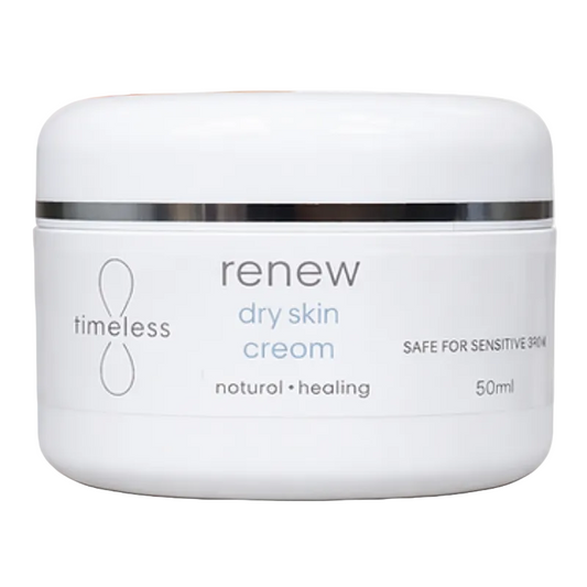 Jar of 'Timeless Renew Dry Skin Cream 50ml' dry skin cream on a white background