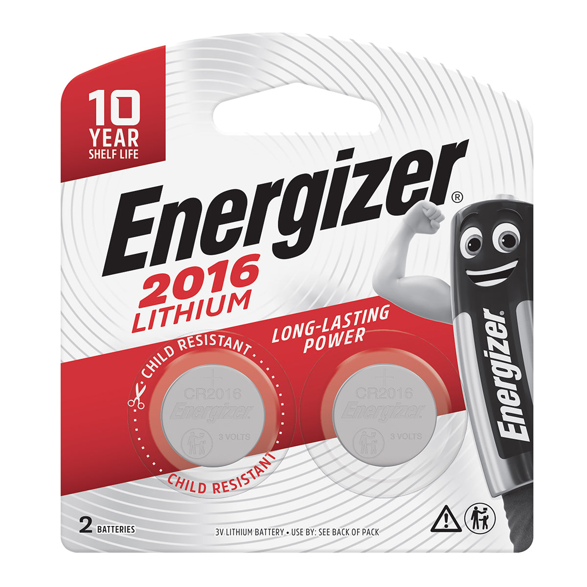 Packaging for Energizer Lithium 2016 batteries, featuring a flat cell battery design, labeled as 3V, with a '10 Year Shelf Life' badge, and a 'Child Resistant' icon. The packaging also displays the brand's logo and a cartoon of a smiling battery.