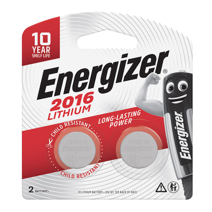 Packaging for Energizer Lithium 2016 batteries, featuring a flat cell battery design, labeled as 3V, with a '10 Year Shelf Life' badge, and a 'Child Resistant' icon. The packaging also displays the brand's logo and a cartoon of a smiling battery.