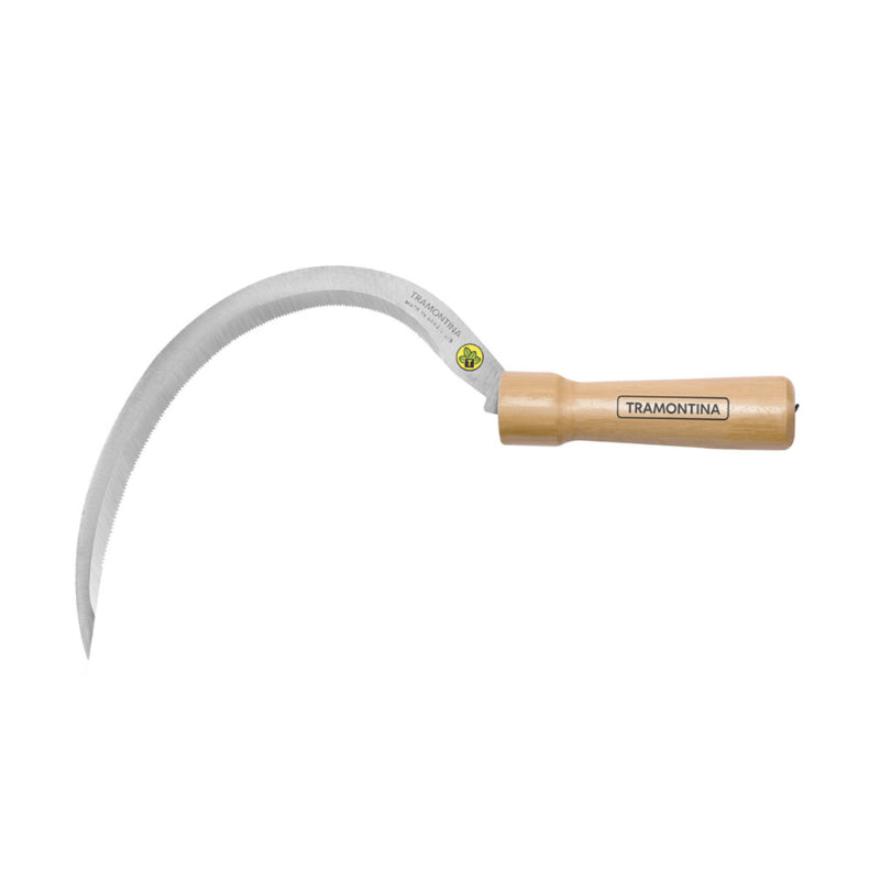 Sickle with wooden handle on a white background, Tramontina brand visible