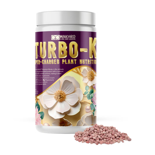 Makiro Turbo-K plant nutrition container with floral design on a white background