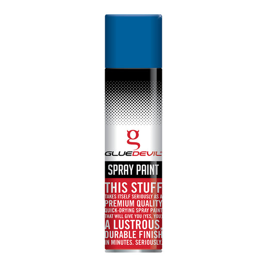 Spray paint can with Glue Devil branding on a white background