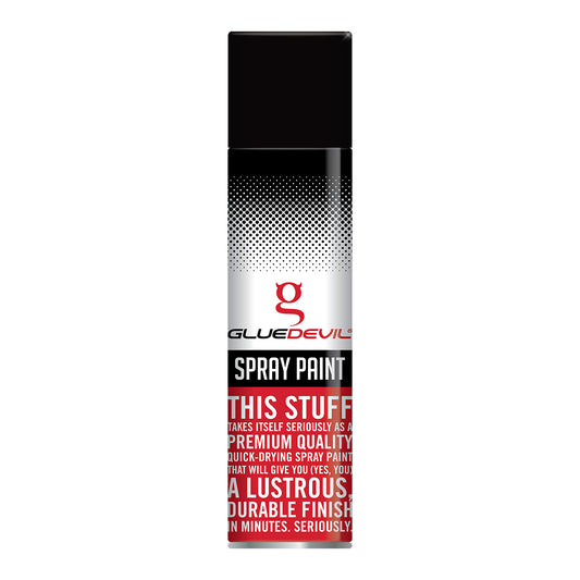 Spray paint can with Glue Devil branding on a white background