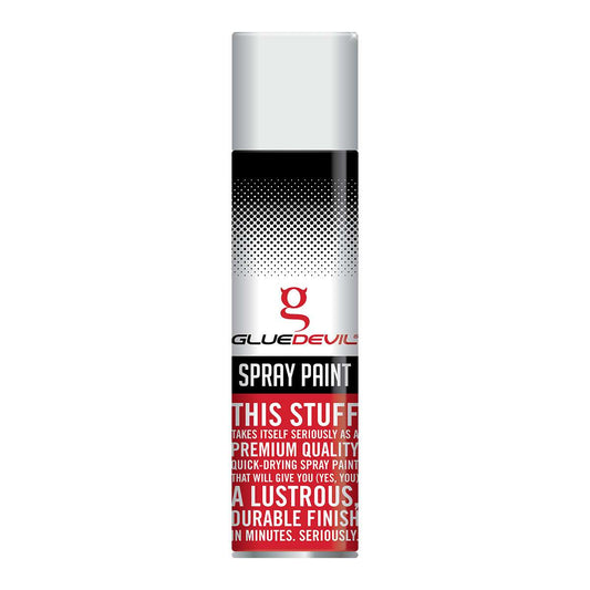 Spray paint can with Glue Devil branding on a white background