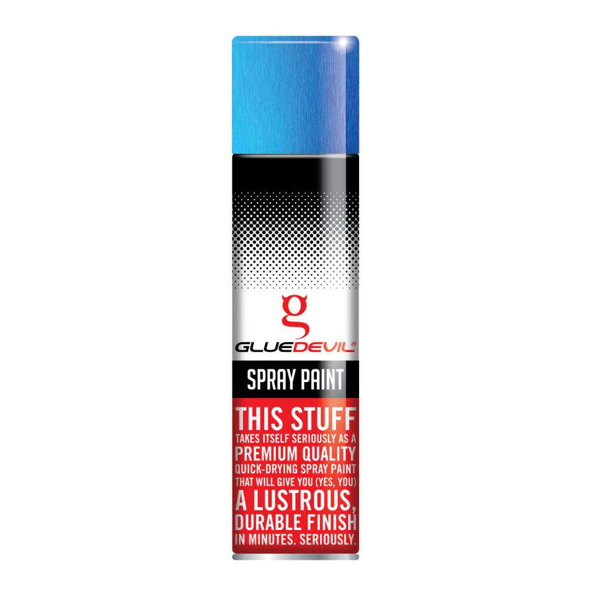 Spray paint can with blue top and red and white label on a white background