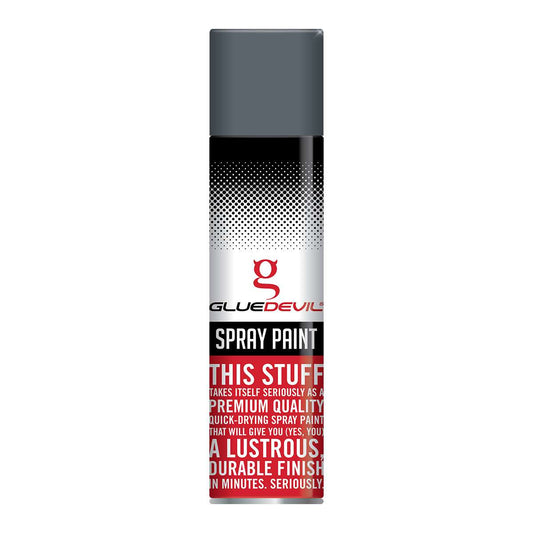 Spray paint can with Glue Devil branding on a white background