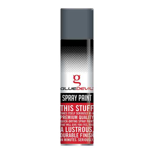 Spray paint can with Glue Devil branding on a white background