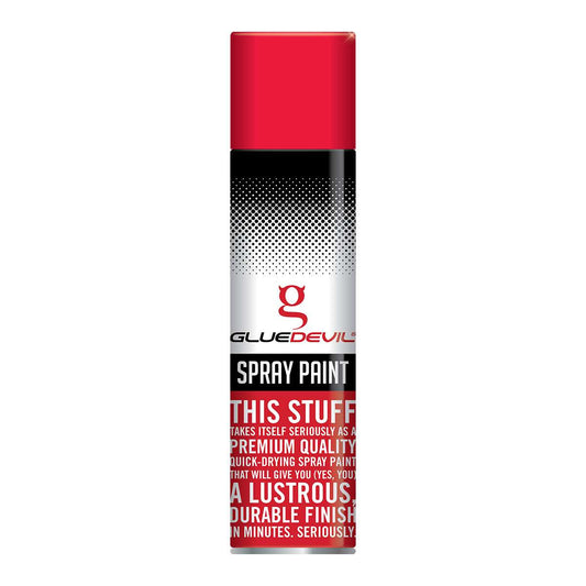Spray paint can with red, black, and white design on a white background