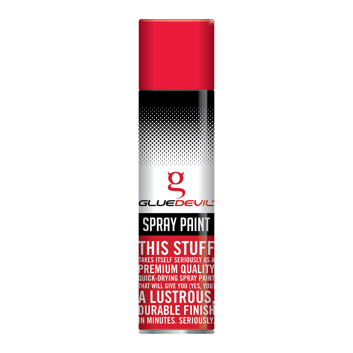 Spray paint can with red, black, and white design on a white background