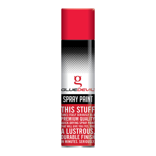 Spray paint can with red, black, and white design on a white background