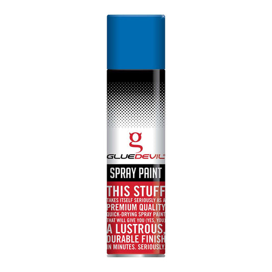 Spray paint can with Glue Devil branding on a white background