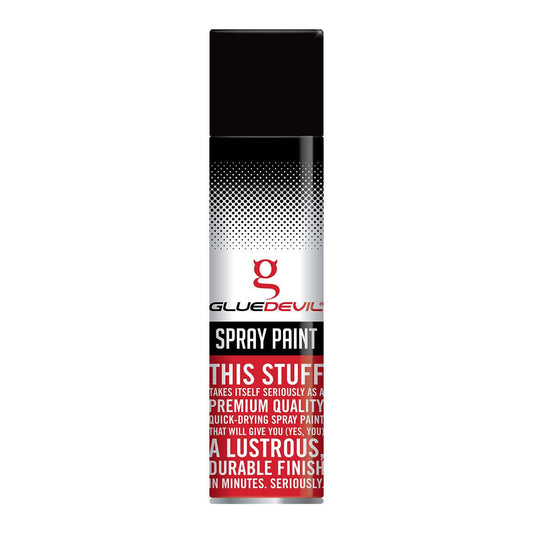 Spray paint can with Glue Devil branding on a white background
