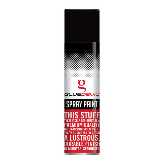Spray paint can with Glue Devil branding on a white background