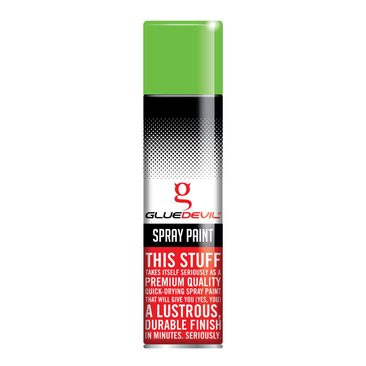 Spray paint can with green top and red text on a white background