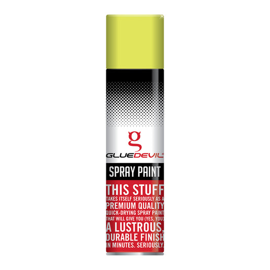 Spray paint can with yellow top and black, white, and red label on a white background