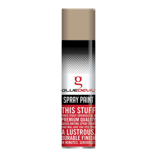 Spray paint can with Glue Devil branding on a white background