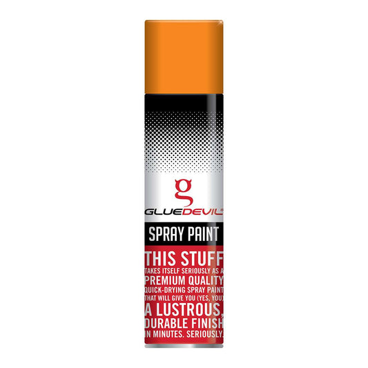Spray paint can with Glue Devil branding on a white background