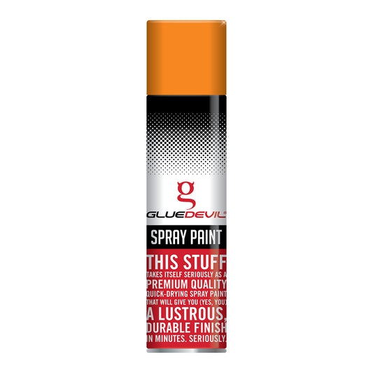 Spray paint can with Glue Devil branding on a white background