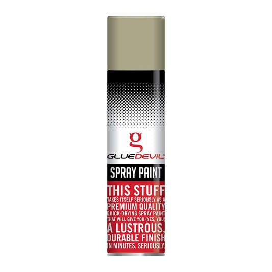 Spray paint can with Glue Devil branding on a white background