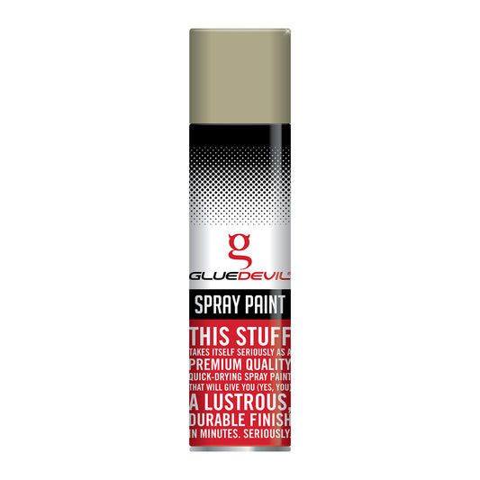 Spray paint can with Glue Devil branding on a white background