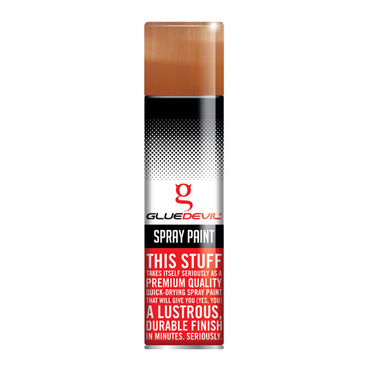 Spray paint can with 'Glue Devil' branding on a white background