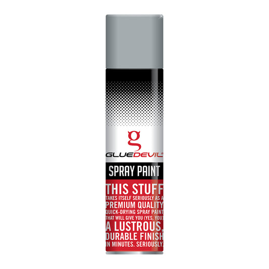 Spray paint can with Glue Devil branding on a white background