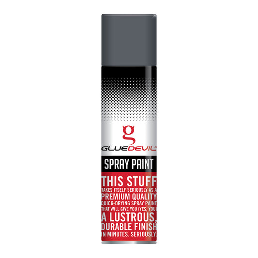 Spray paint can with Glue Devil branding on a white background