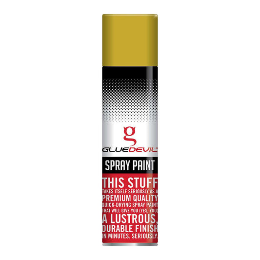 Spray paint can with Glue Devil branding on a white background