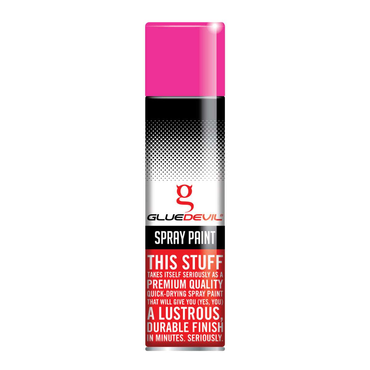 Spray paint can with pink top and black and red label on a white background
