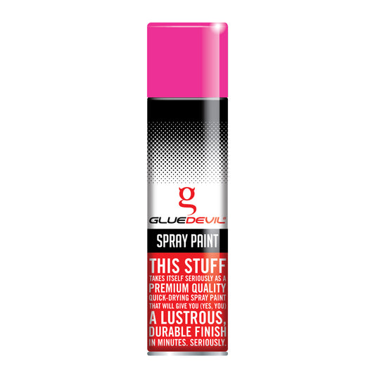 Spray paint can with pink top and black and red label on a white background