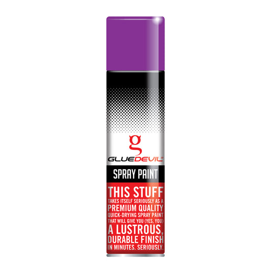 Spray paint can with purple top and red and white label on a white background
