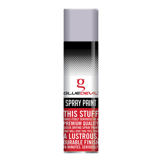 Spray paint can with Glue Devil branding on a white background