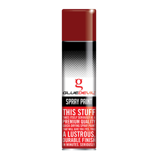 Spray paint can with 'Glue Devil' branding on a white background
