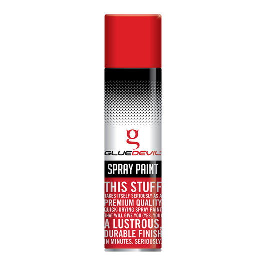 Spray paint can with red, black, and white design on a white background