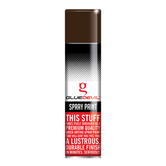 Spray paint can with 'Glue Devil' branding on a white background