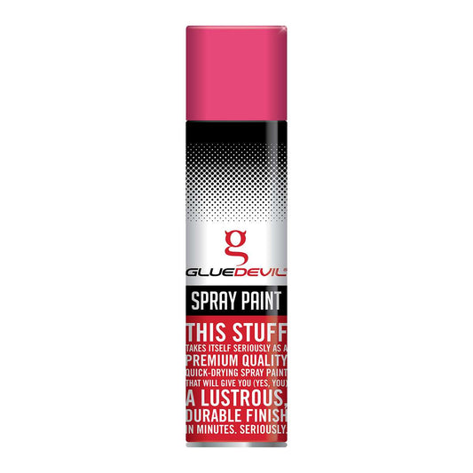 Spray paint can with pink top and black and white label on a white background