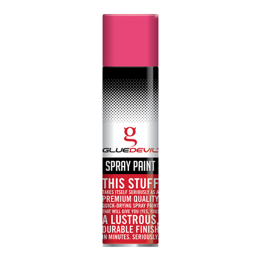 Spray paint can with pink top and black and white label on a white background