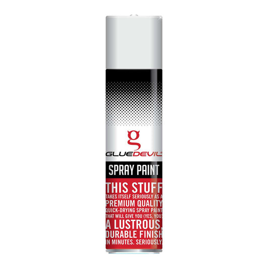 Spray paint can with Glue Devil branding on a white background