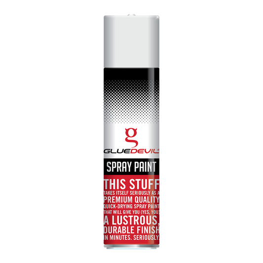 Spray paint can with Glue Devil branding on a white background