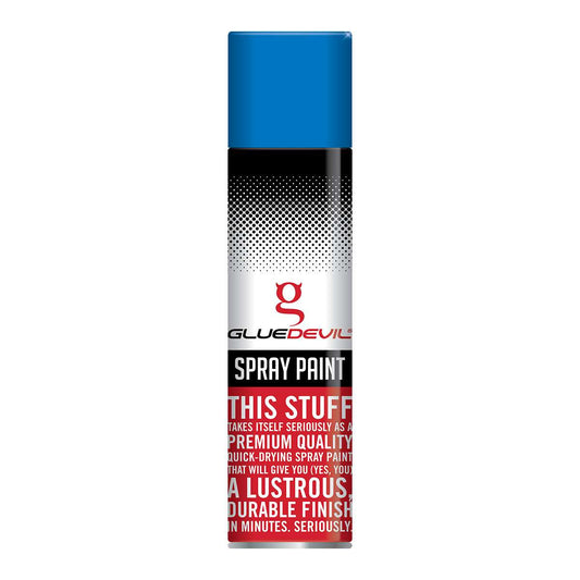 Spray paint can with blue top and white body featuring Glue Devil branding.