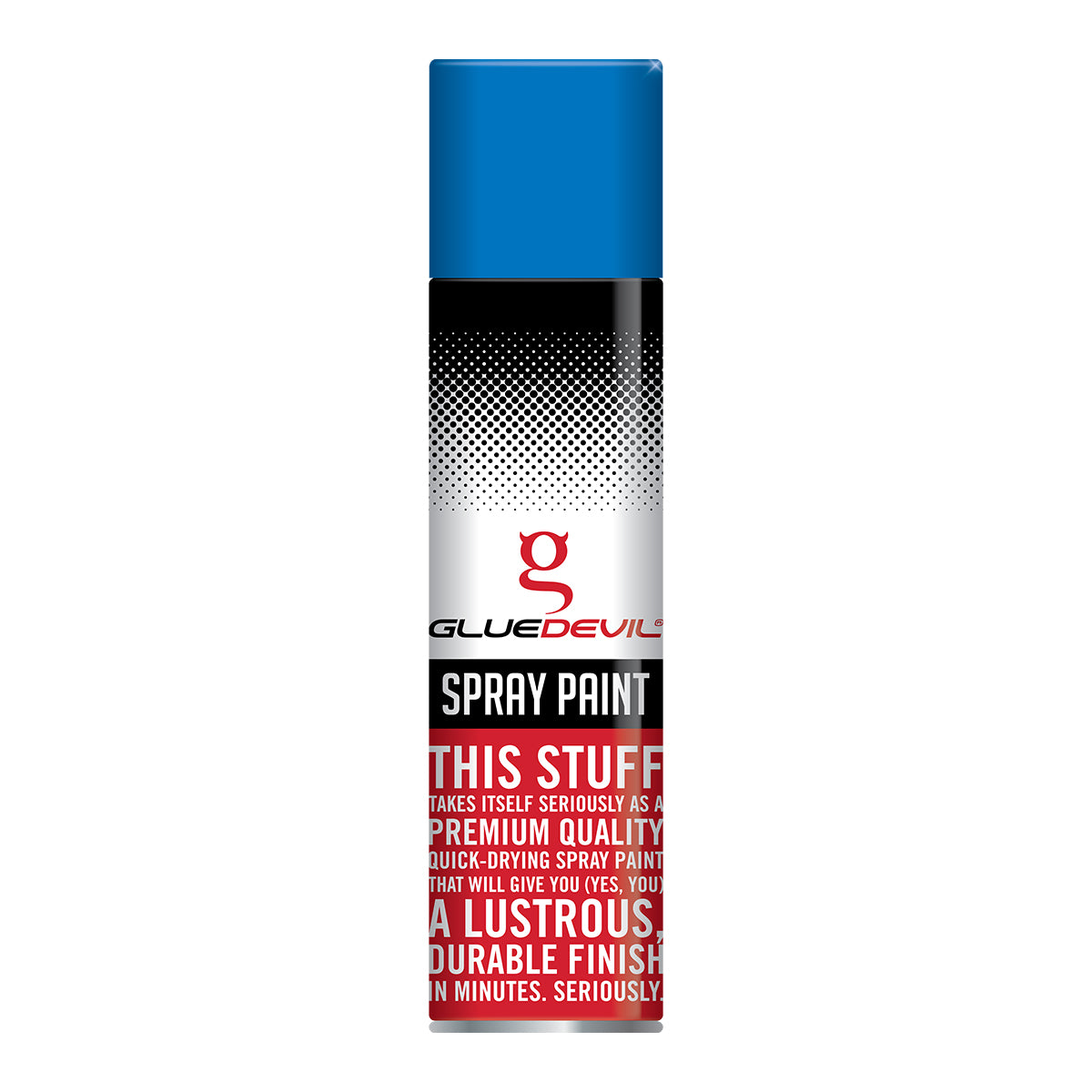 Spray paint can with blue top and white body featuring Glue Devil branding.