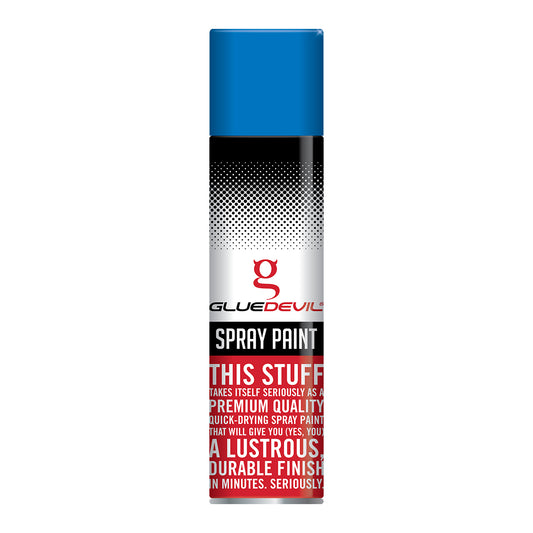 Spray paint can with blue top and white body featuring Glue Devil branding.