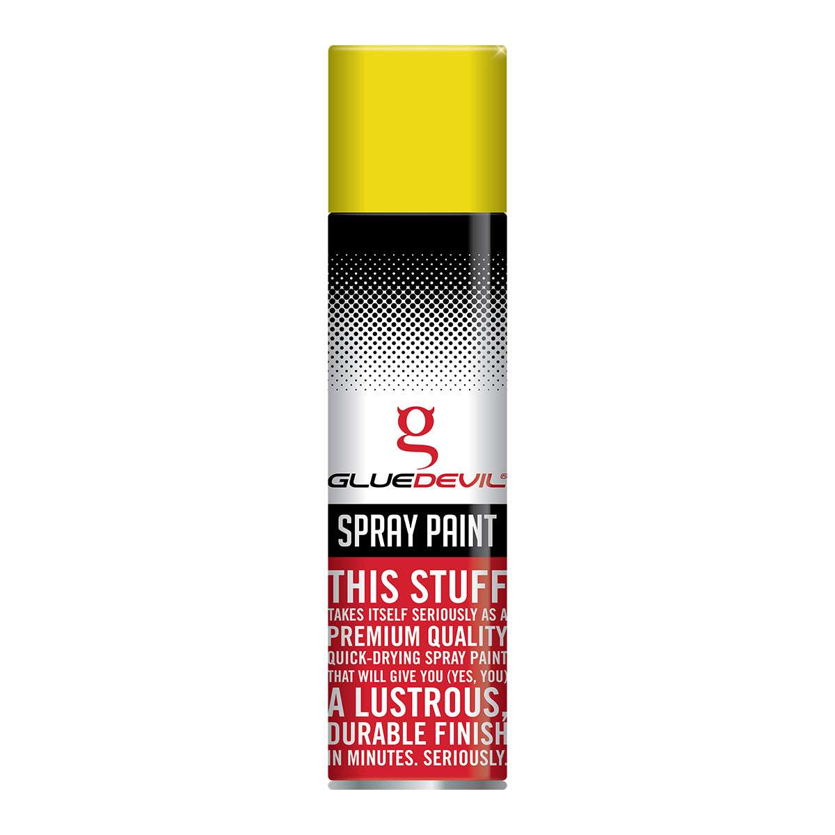 Spray paint can with yellow top and white body featuring Glue Devil branding.