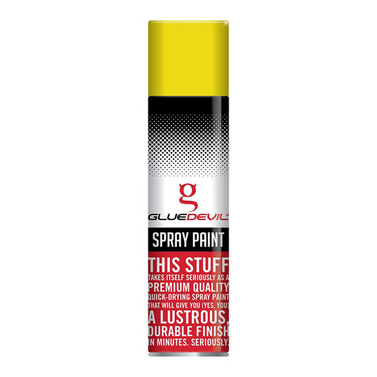 Spray paint can with yellow top and white body featuring Glue Devil branding.